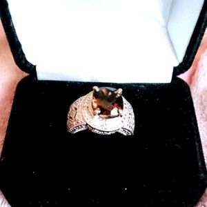 Sterling silver ring, filigree design, with 9x7 mm smoky quartz stone, size 6 -7